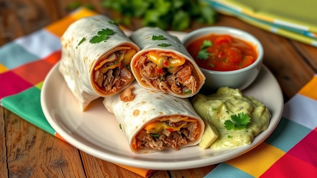 Savory Pork Burritos Recipe Savory pork burritos filled with shredded pork and cheese, served with salsa and guacamole on a rustic table.